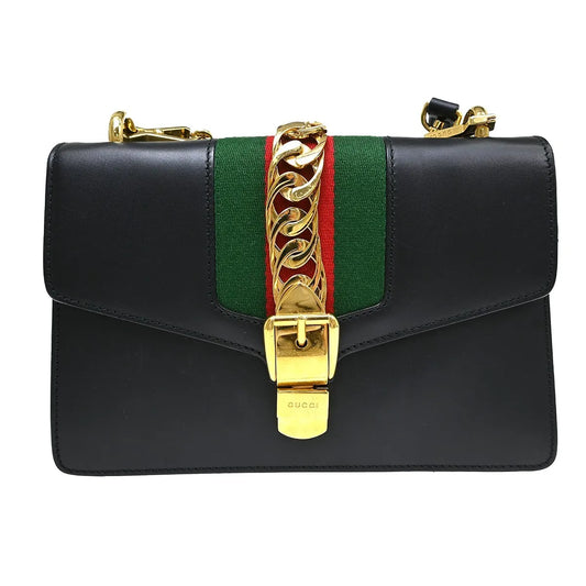 Gucci Sylvie Chain Leather, Black, Leather, Shoulder Bag