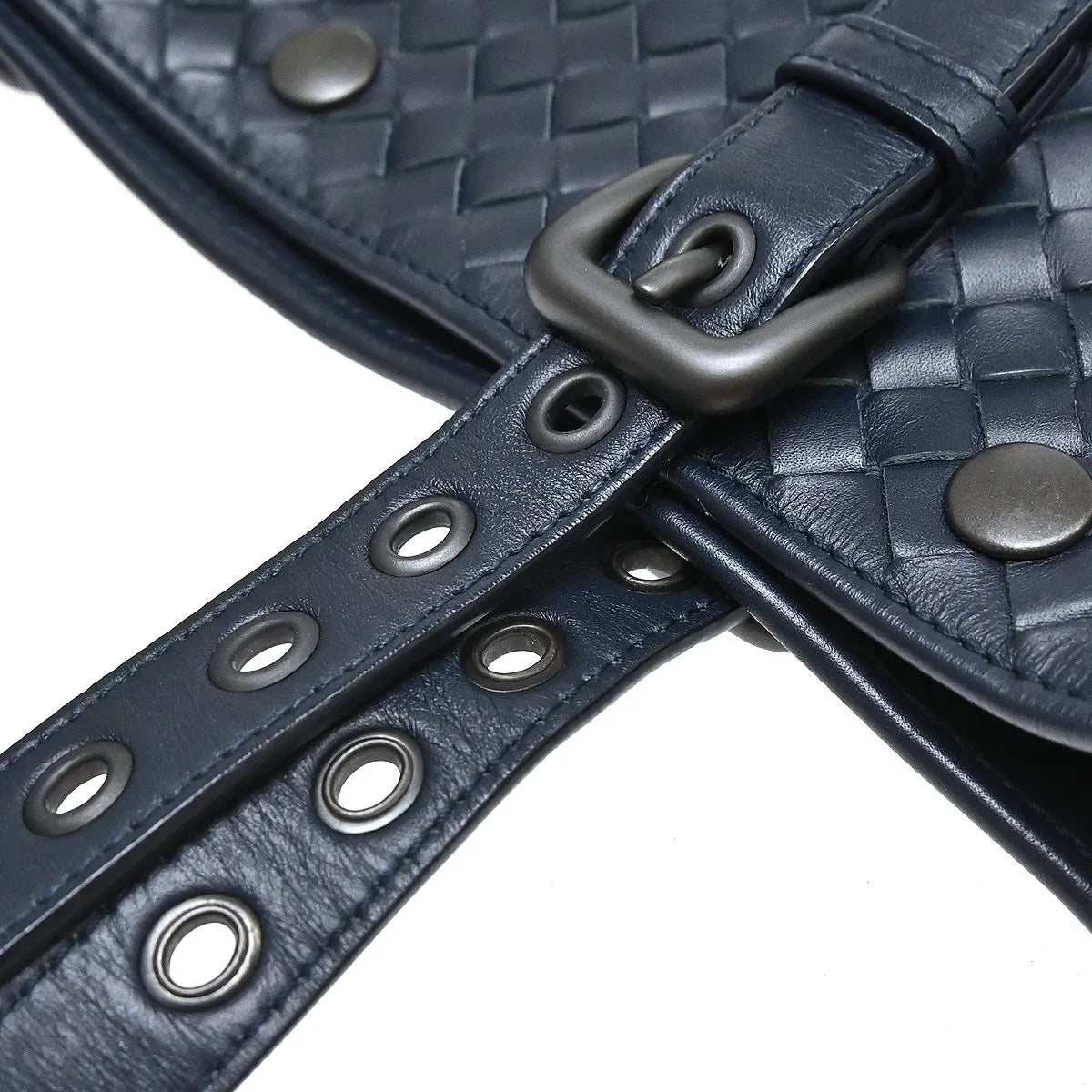 Bottega Veneta Belted Snap Tote Intrecciato Nappa, Navy, Leather, Tote Bag