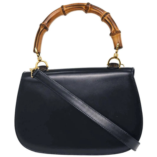 Gucci Vintage Convertible Bamboo Top Handle Leather, Navy, Leather, Handbag