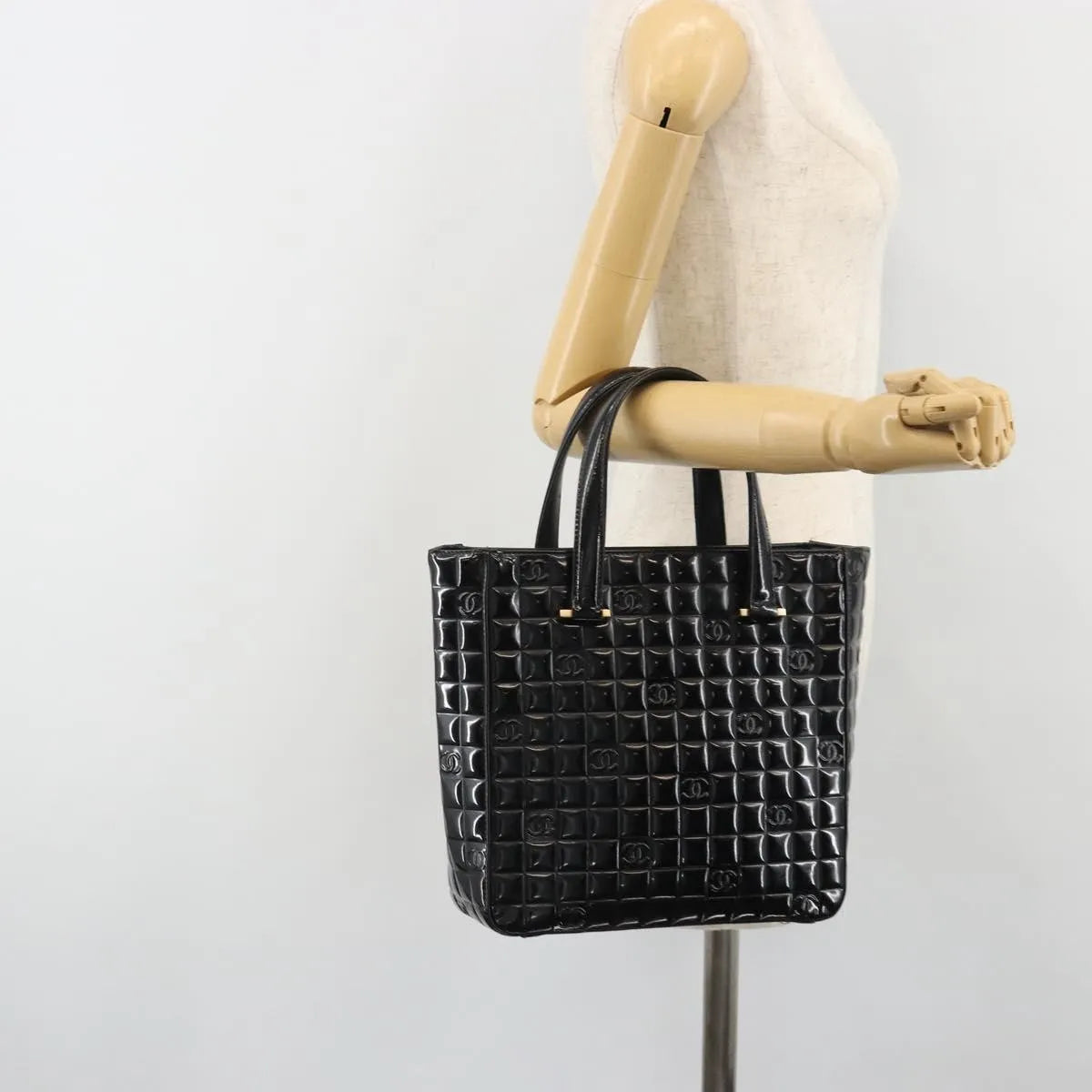 Chanel Chocolate Bar CC Tote Quilted Patent, Black, Patent Leather, Tote Bag