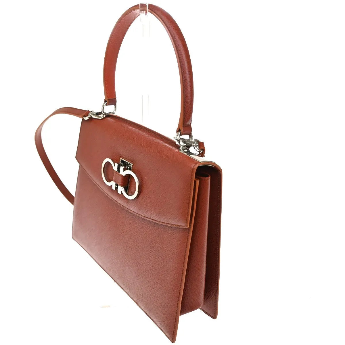 Salvatore Ferragamo Double Gancini Top Handle Saffiano Leather, Brown, Leather, Handbag
