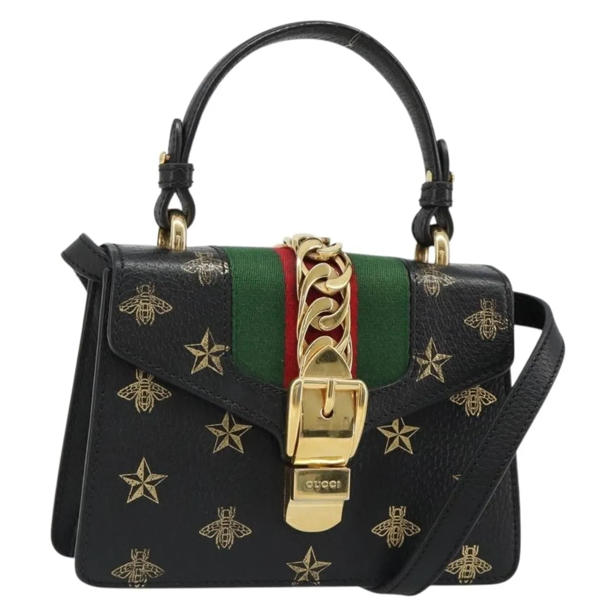 Gucci Sylvie Top Handle Printed Leather, Black, Leather, Handbag