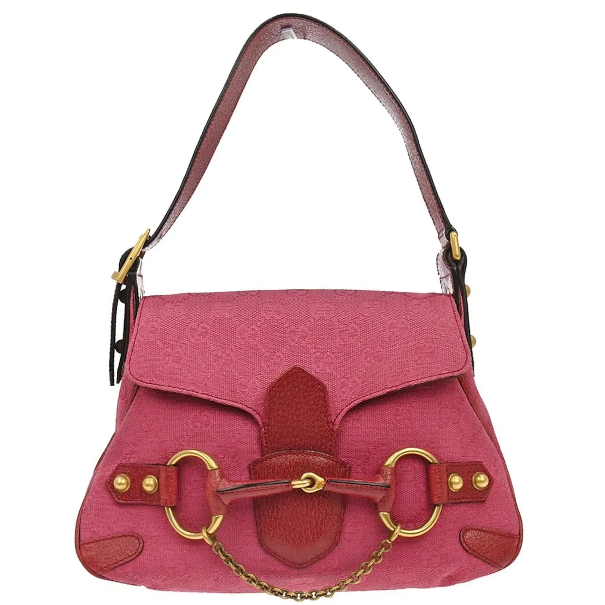Gucci Horsebit Web Flap GG Canvas and white leather, Pink, Canvas, Shoulder Bag