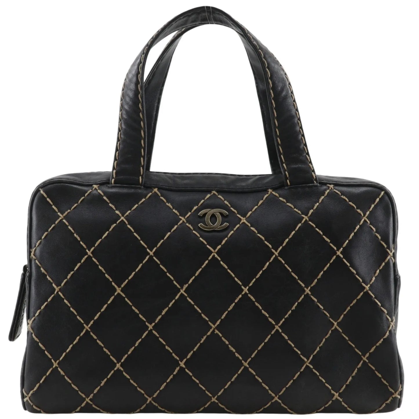 Chanel Surpique Boston Quilted Leather, Black, Leather, Handbag