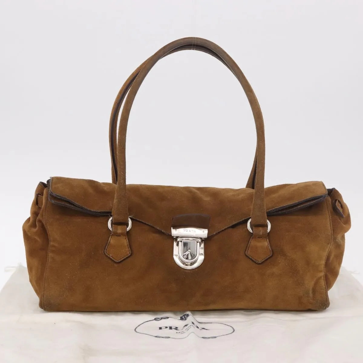 Prada Pushlock Tote Suede, Brown, Suede, Handbag