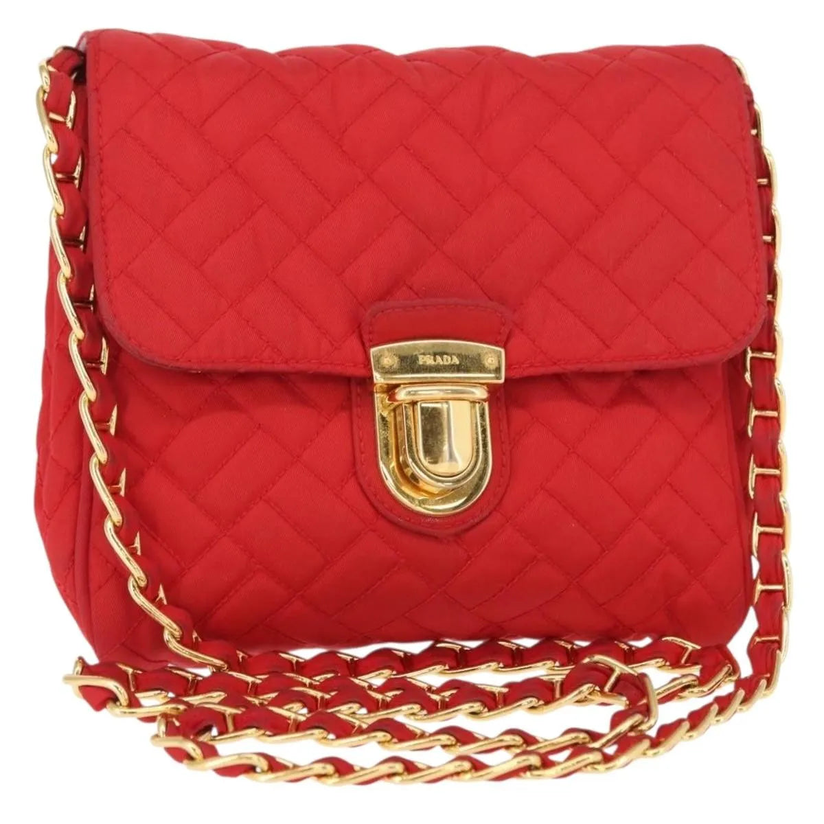 Prada Pushlock Chain Flap Quilted Tessuto, Red, Nylon, Shoulder Bag
