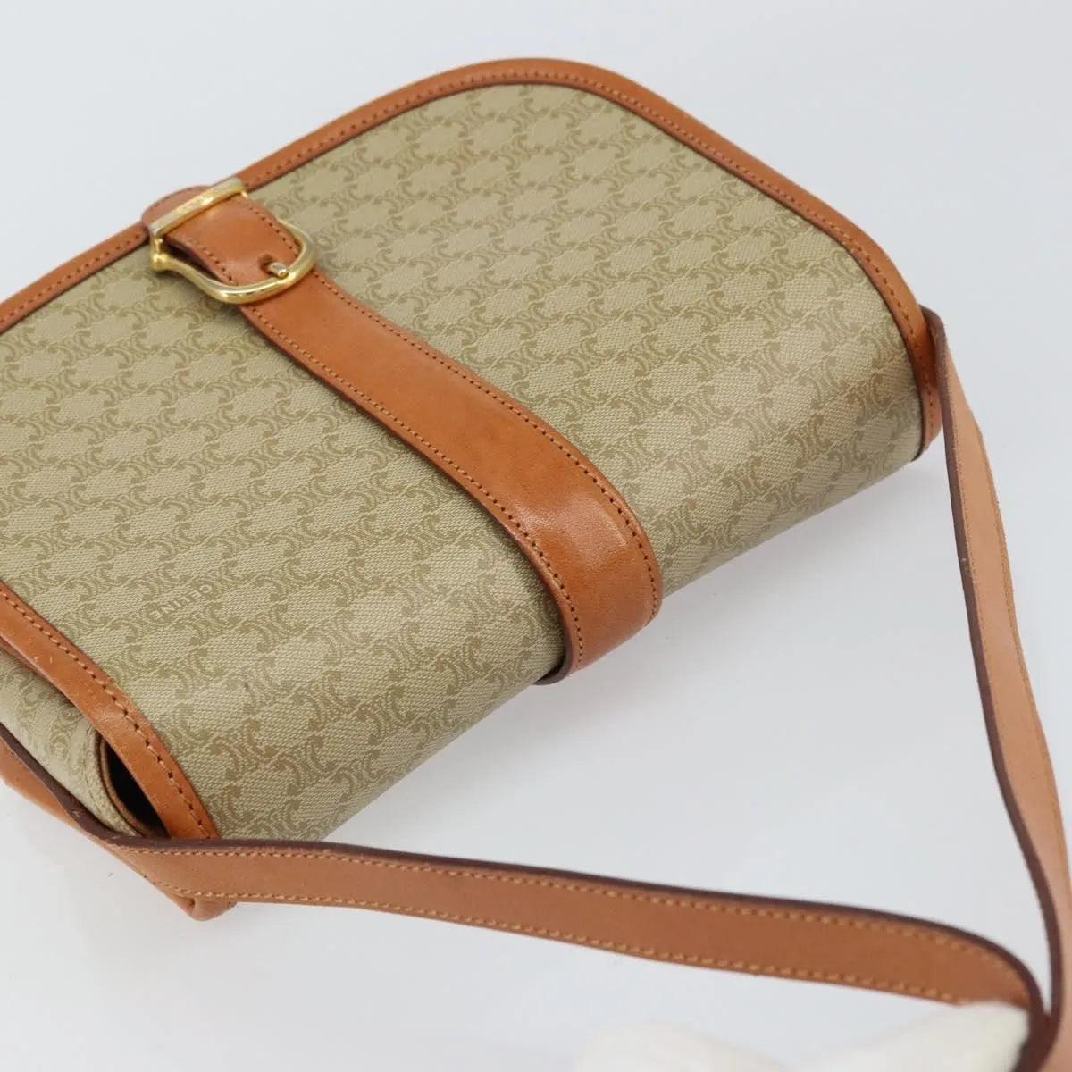 Celine Vintage Macadam Canvas and Leather, Beige, Canvas, Shoulder Bag