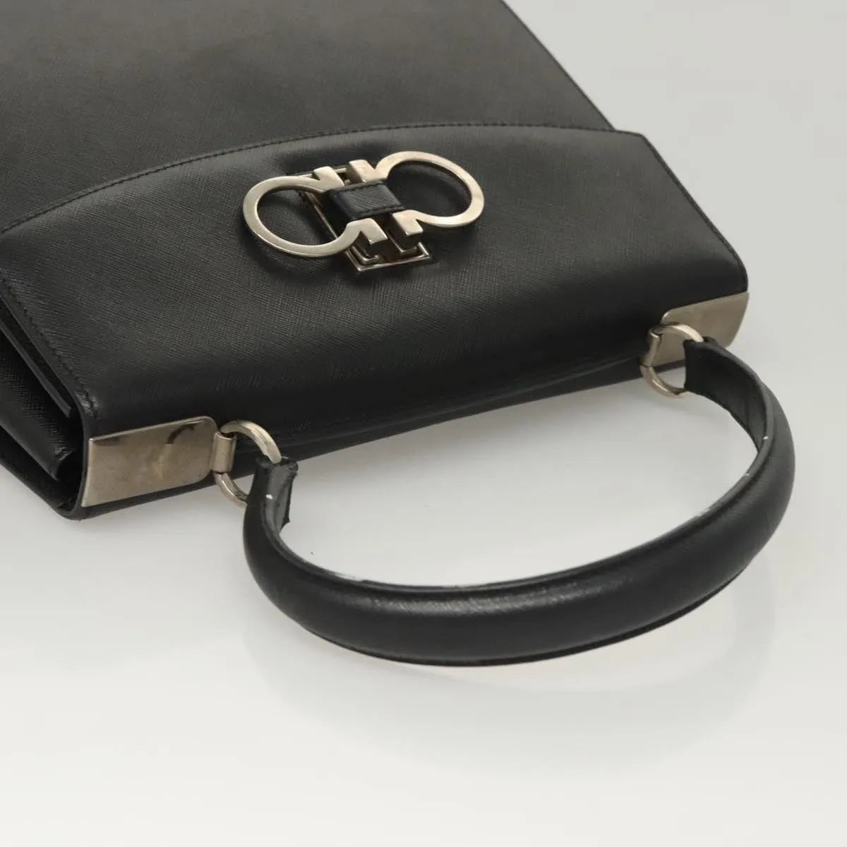 Salvatore Ferragamo Double Gancini Top Handle Saffiano Leather, Black, Leather, Handbag