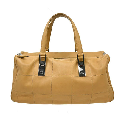 Chanel Square Stitch CC Boston Quilted Leather, Beige, Leather, Handbag