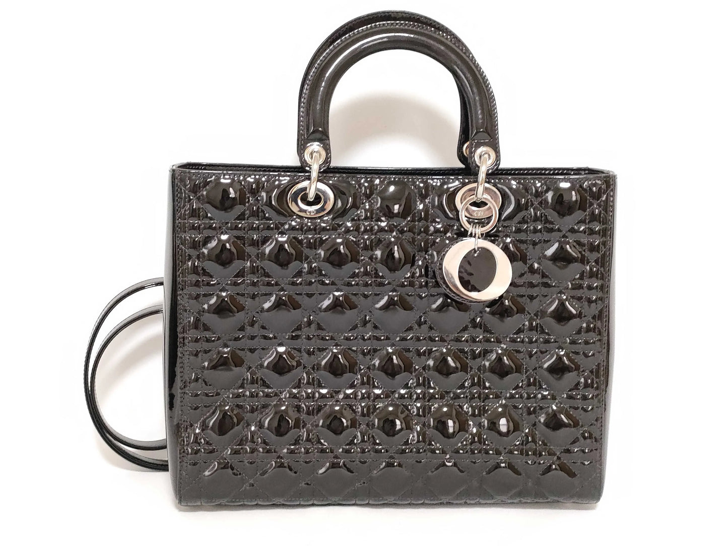 Christian Dior Lady Dior Patent, Black, Patent Leather, Handbag