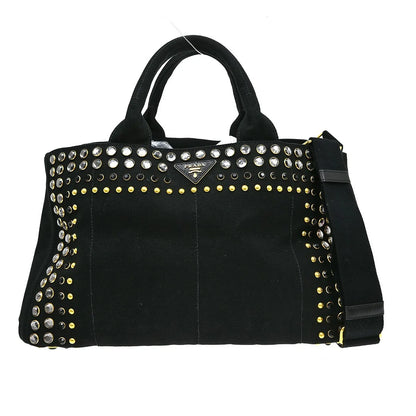 Prada Canapa Convertible Tote Rhinestone Embellished Canvas, Black, Canvas, Handbag