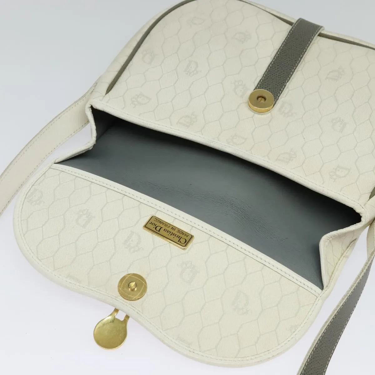 Christian Dior Vintage Honeycomb Flap Canvas and Leather, White, Canvas, Shoulder Bag