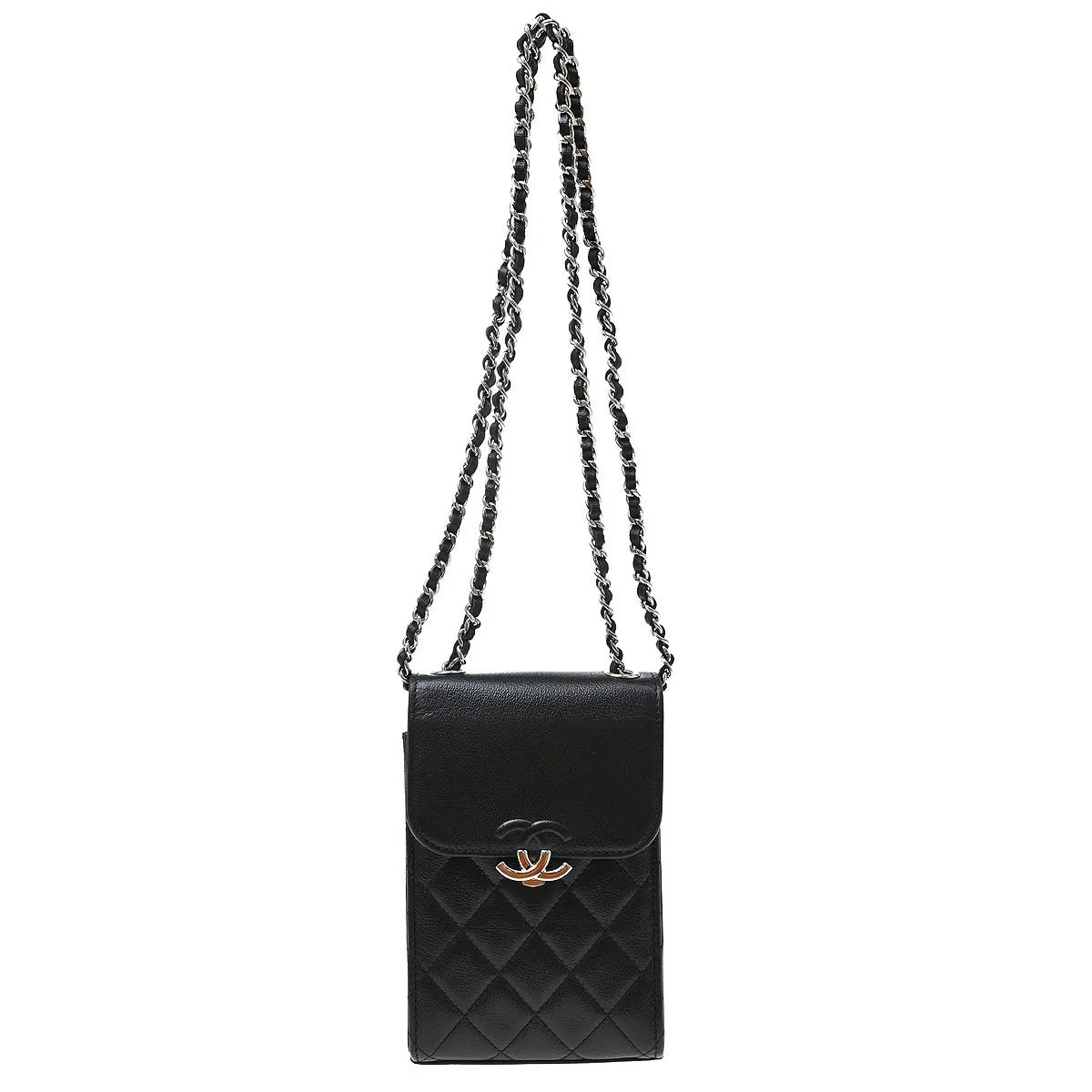 Chanel CC Flap Phone Holder Quilted Caviar, Black, Leather, Shoulder Bag