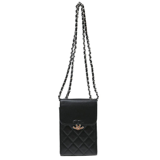 Chanel CC Flap Phone Holder Quilted Caviar, Black, Leather, Shoulder Bag
