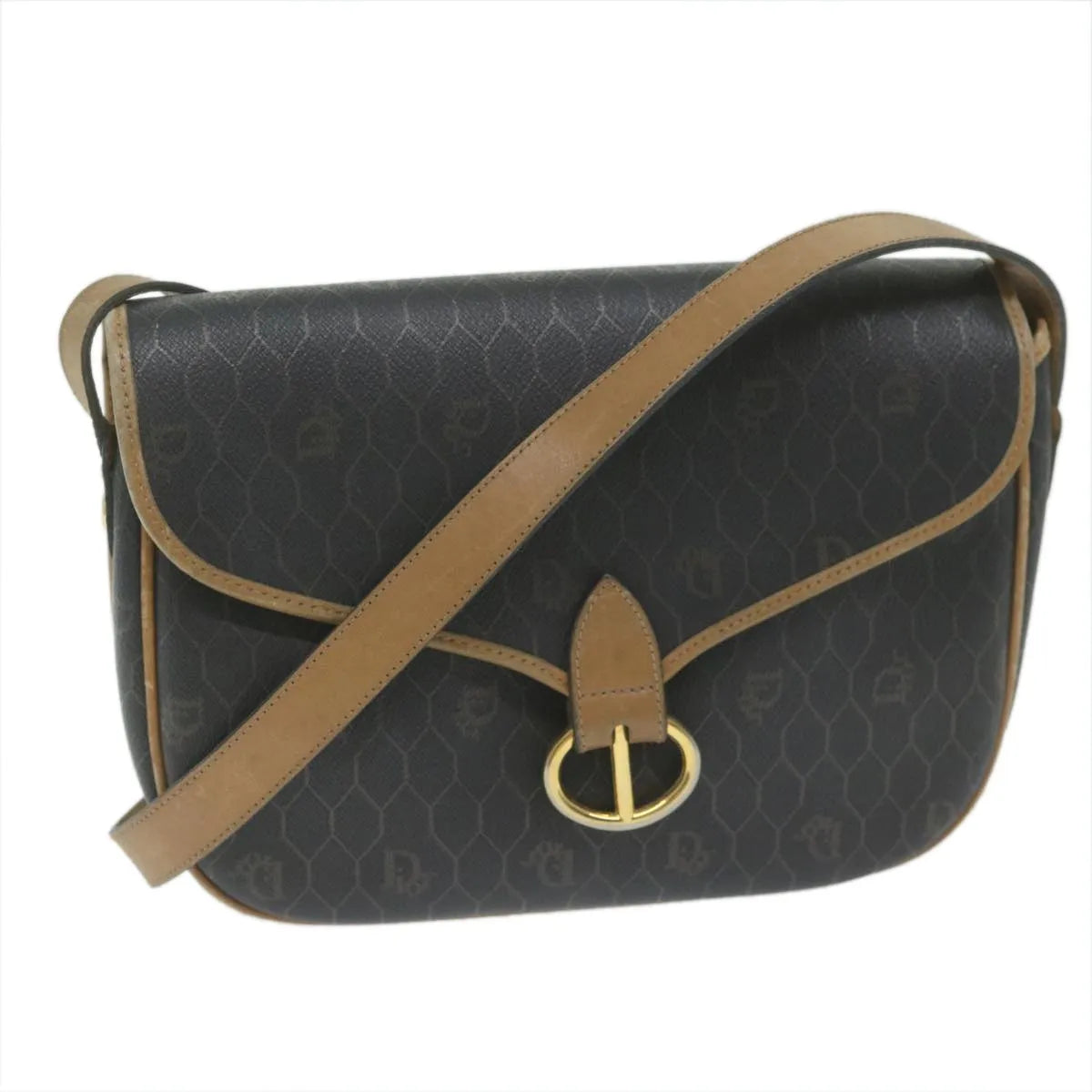 Christian Dior Vintage Honeycomb Flap Canvas and Leather, Black, Canvas, Shoulder Bag