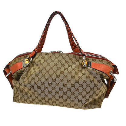 Gucci Bamboo Boston Horsebit Canvas with Leather, Beige, Canvas, Handbag
