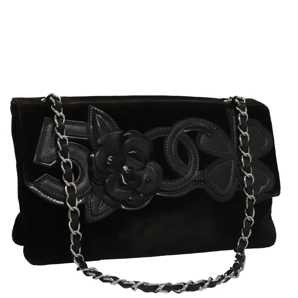 Chanel Camellia No.5 Chain Flap Velvet, Black, Velvet, Shoulder Bag