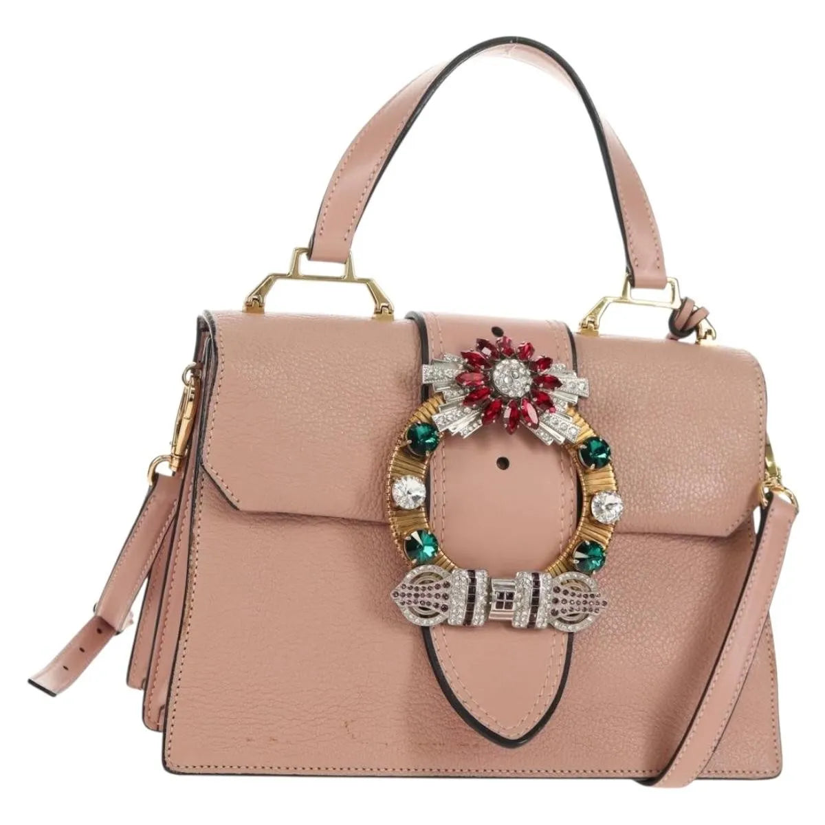 Miu Miu Madras Crystal Buckle Leather, Pink, Leather, Shoulder Bag
