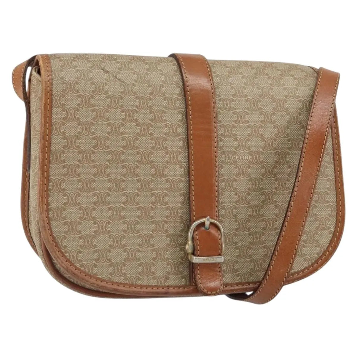Celine Vintage Macadam Canvas and Leather, Beige, Canvas, Shoulder Bag