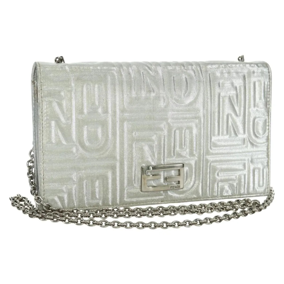 Fendi Wallet on Chain Logo Embossed Leather, Silver, Leather, Wallet