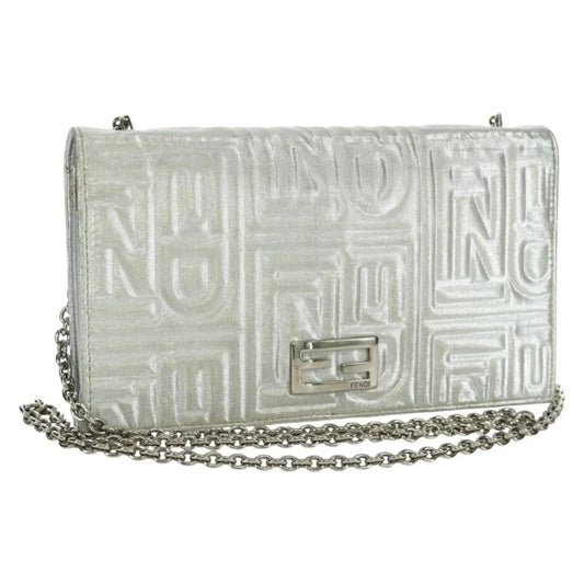 Fendi Wallet on Chain Logo Embossed Leather, Silver, Leather, Wallet