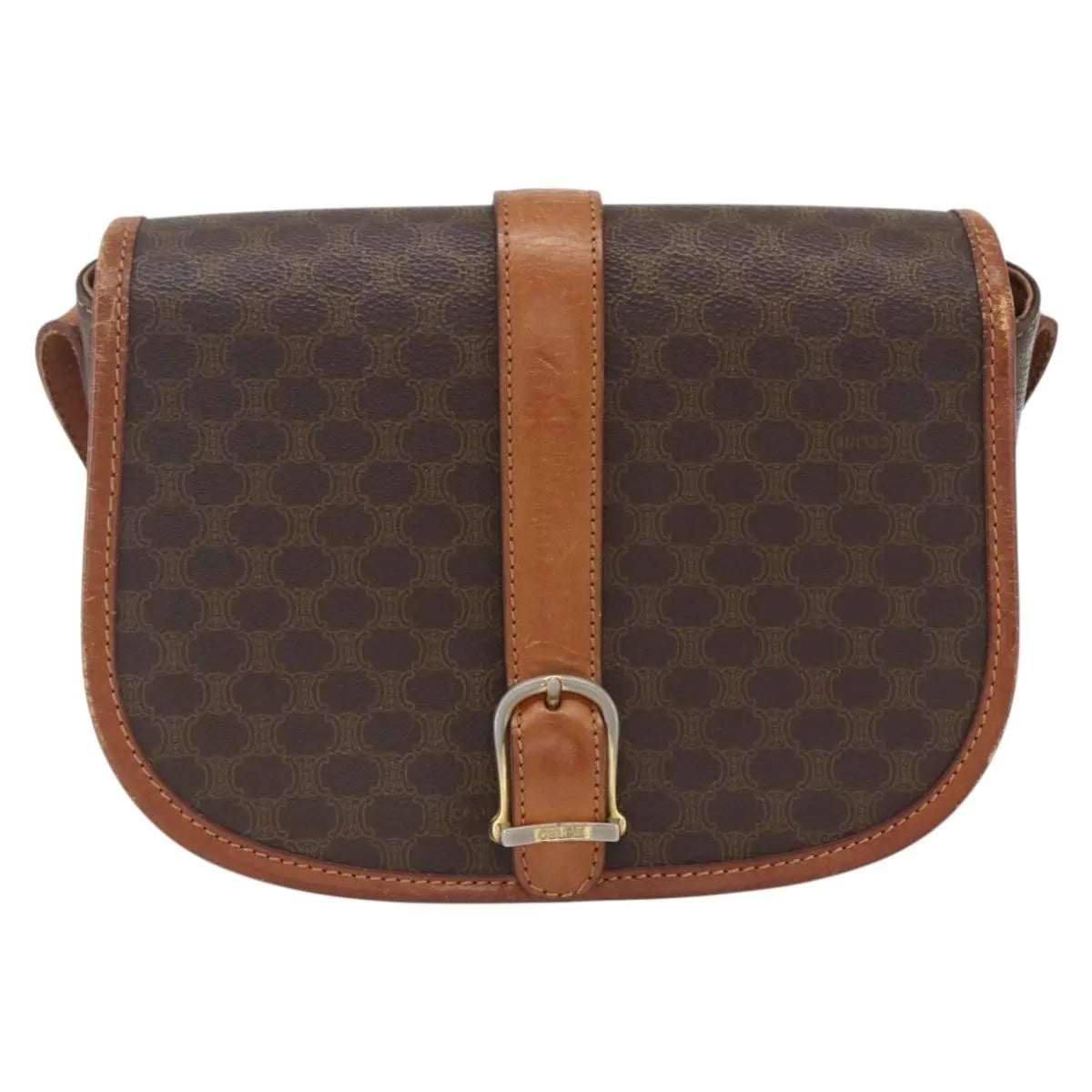 Celine Vintage Macadam Canvas and Leather, Brown, Canvas, Shoulder Bag