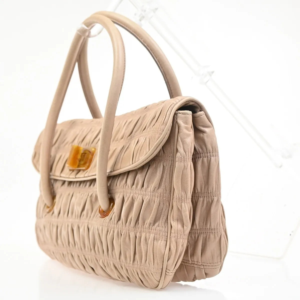 Prada Turnlock Nappa Gaufre, Beige, Leather, Shoulder Bag