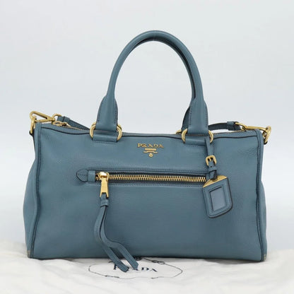 Prada Front Zip Convertible Satchel Vitello Phenix, Blue, Leather, Handbag