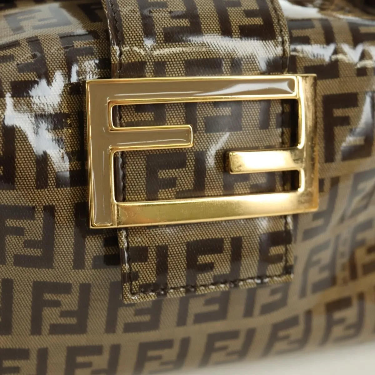 Fendi Mamma Baguette Zucca patent leather, Brown, Canvas, Shoulder Bag