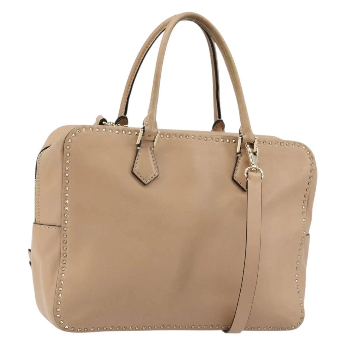 Valentino Garavani Convertible Zip Satchel Leather with Micro Rockstuds, Beige, Leather, Handbag
