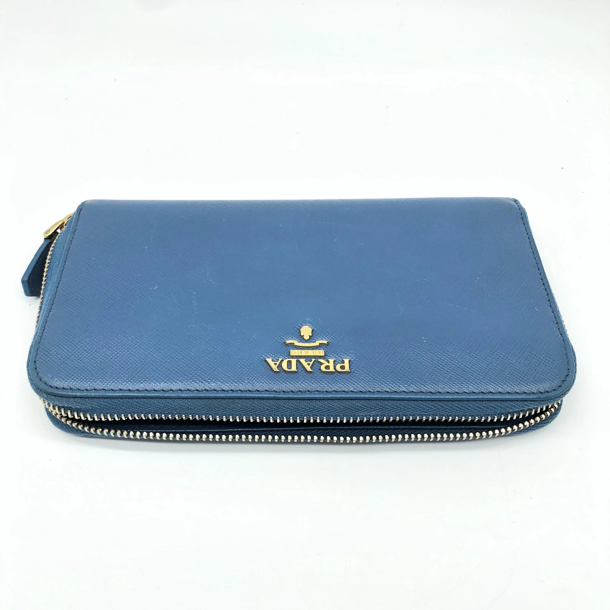Prada Zip Around Tab Saffiano Leather, Blue, Leather, Wallet