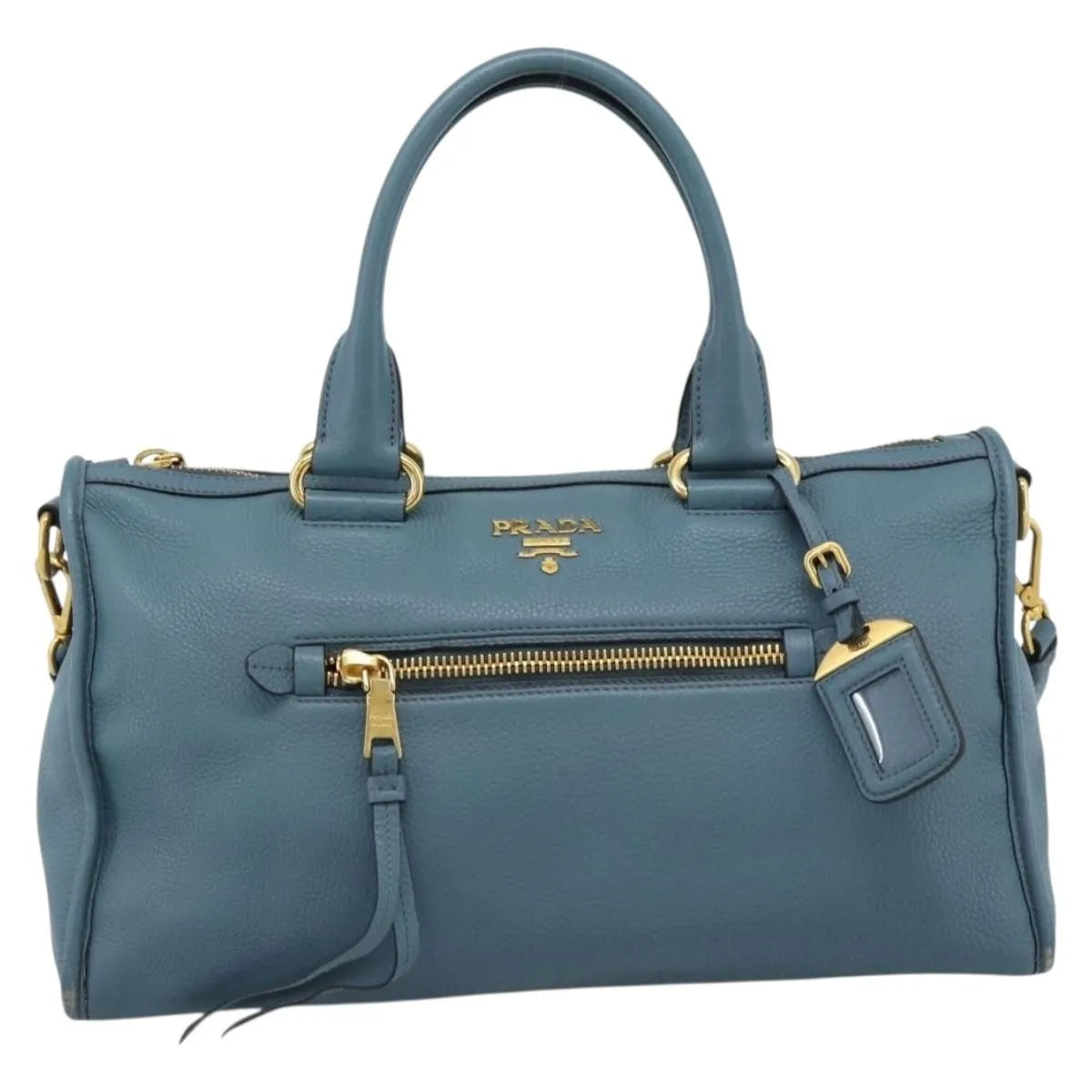Prada Front Zip Convertible Satchel Vitello Phenix, Blue, Leather, Handbag