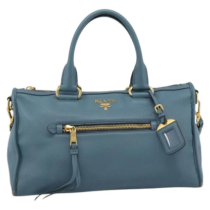 Prada Front Zip Convertible Satchel Vitello Phenix, Blue, Leather, Handbag
