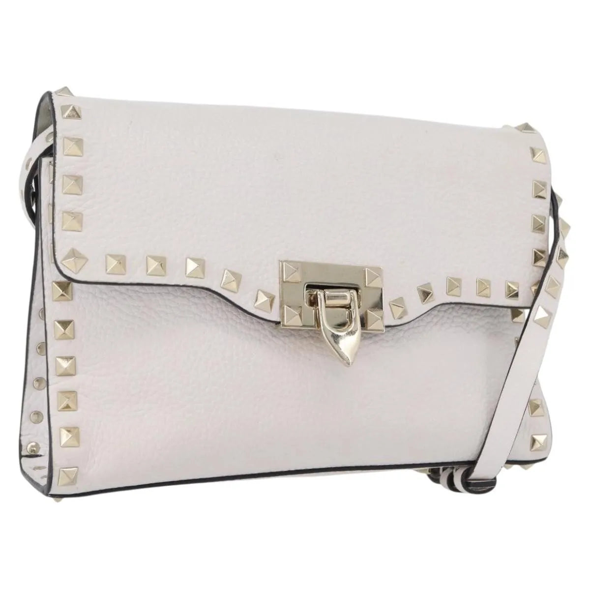 Valentino Garavani Rockstud Flip Lock Flap Leather, White_gold, Leather, Shoulder Bag