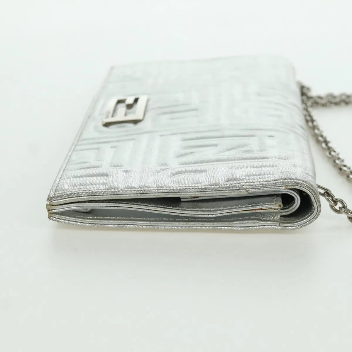 Fendi Wallet on Chain Logo Embossed Leather, Silver, Leather, Wallet