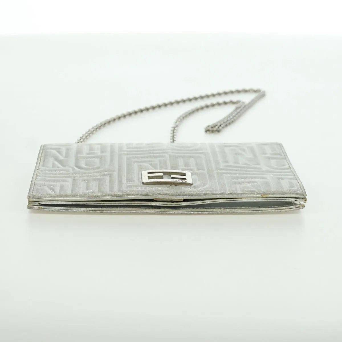 Fendi Wallet on Chain Logo Embossed Leather, Silver, Leather, Wallet