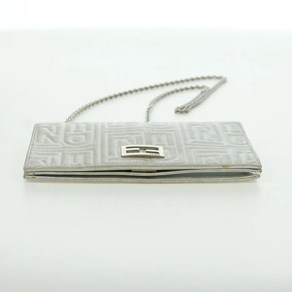 Fendi Wallet on Chain Logo Embossed Leather, Silver, Leather, Wallet