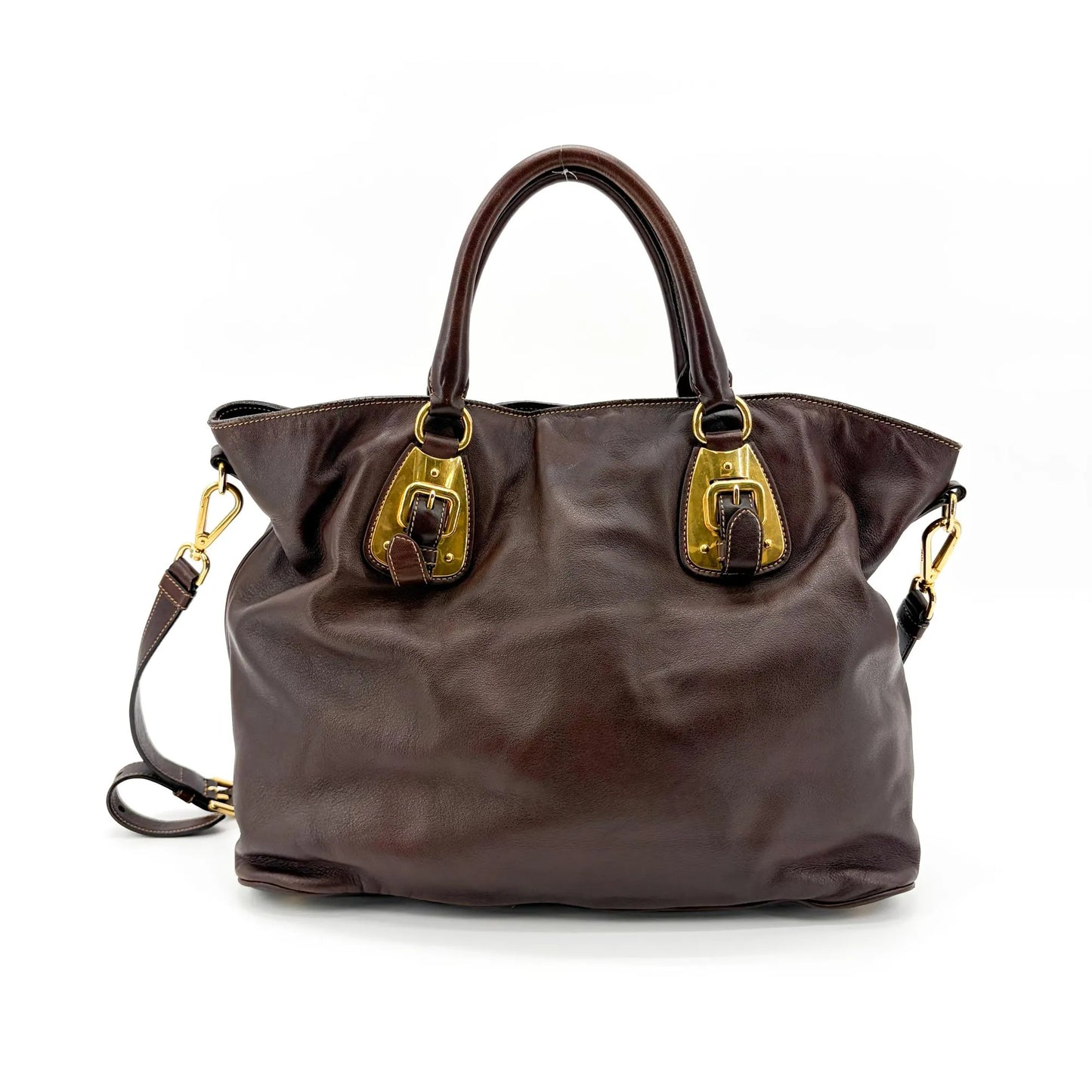Prada Buckle Tote Vitello Daino, Brown, Leather, Handbag
