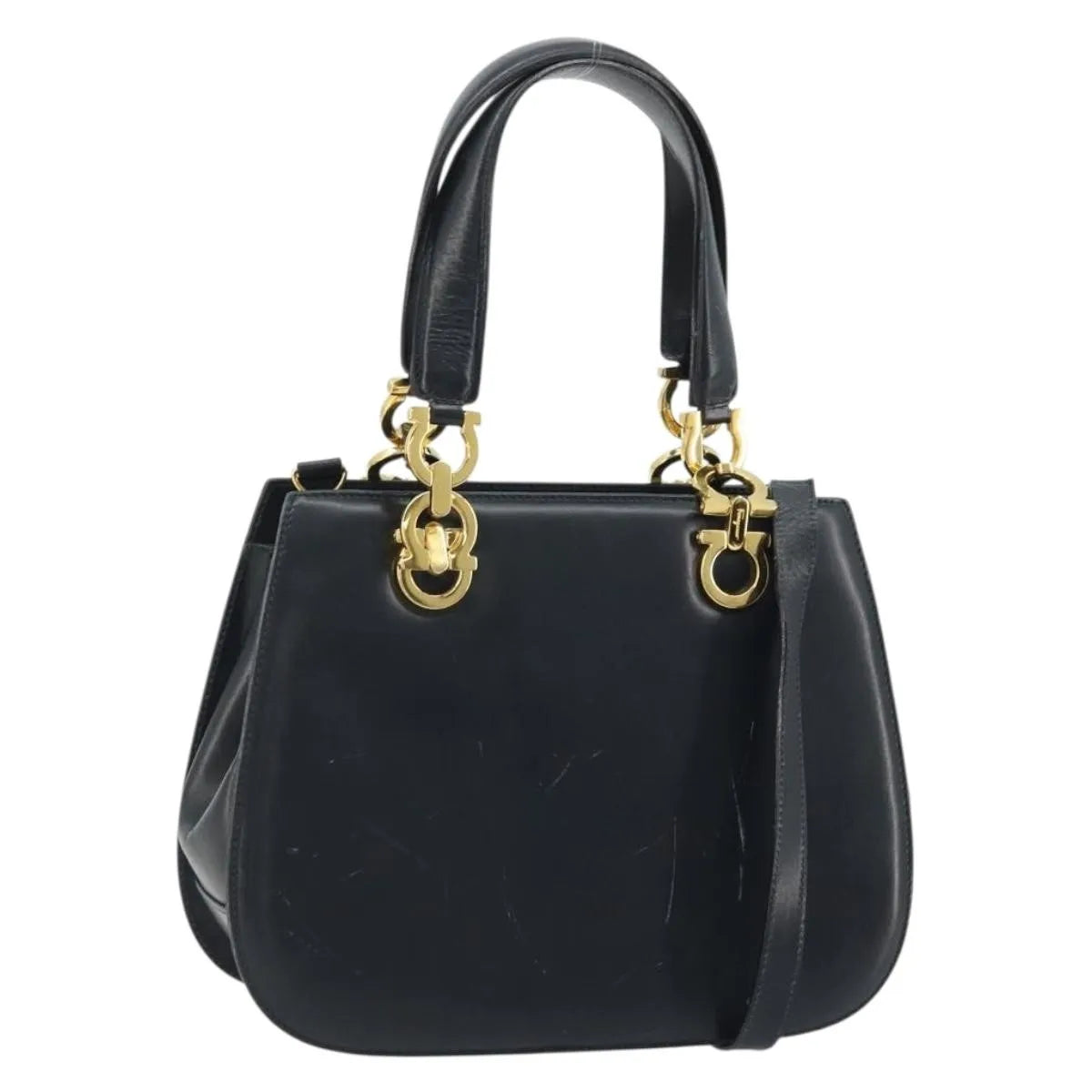 Salvatore Ferragamo Gancini Leather, Navy, Leather, Handbag