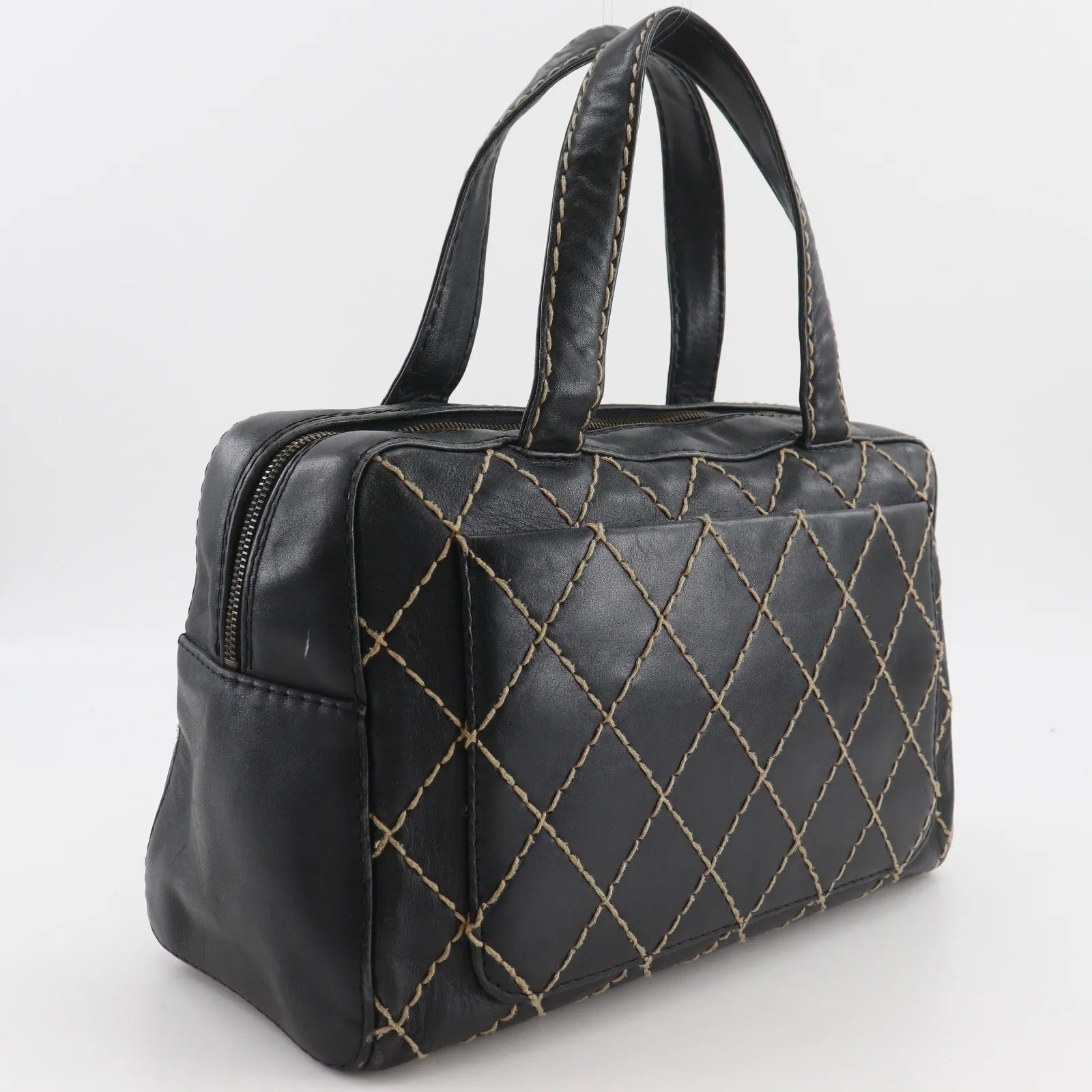 Chanel Surpique Boston Quilted Leather, Black, Leather, Handbag