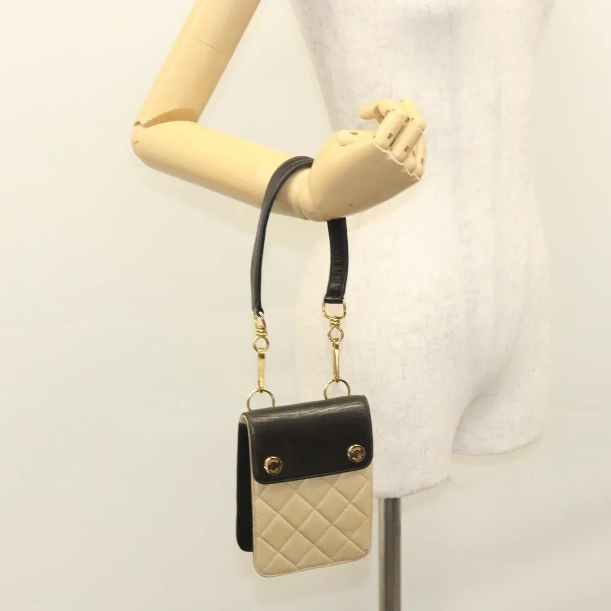 Chanel Vintage Button Waist Quilted Lambskin, Beige, Leather, Handbag