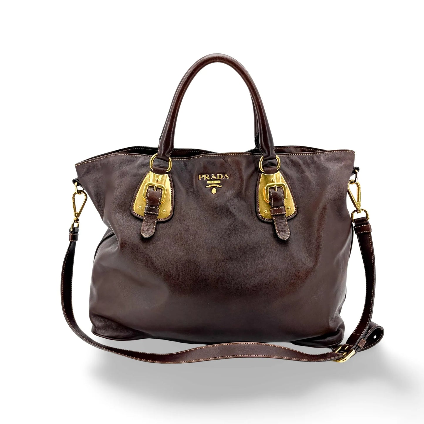 Prada Buckle Tote Vitello Daino, Brown, Leather, Handbag