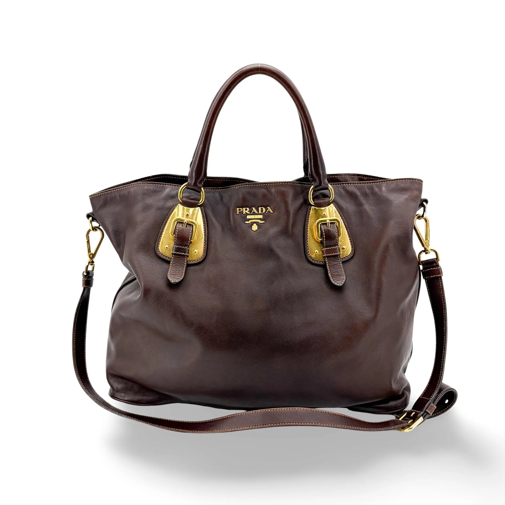 Prada Buckle Tote Vitello Daino, Brown, Leather, Handbag