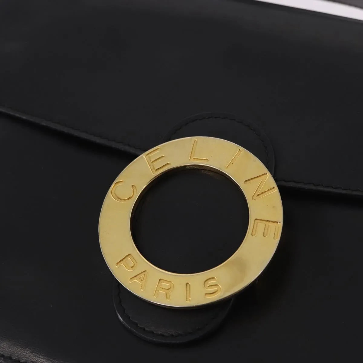 Celine Vintage Circle Logo Leather, Black, Leather, Shoulder Bag
