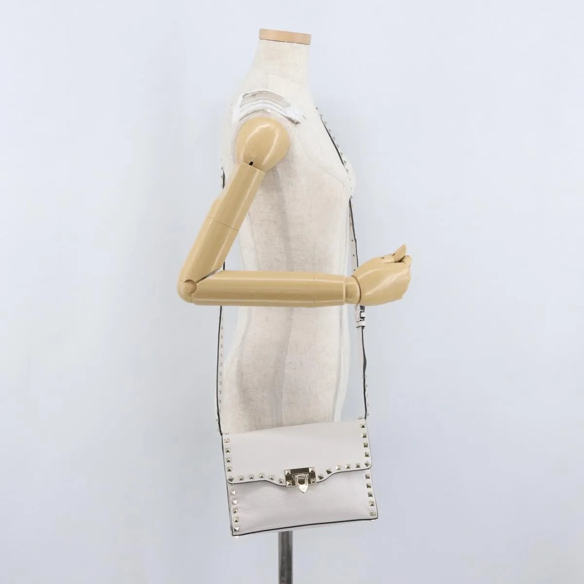 Valentino Garavani Rockstud Flip Lock Flap Leather, White_gold, Leather, Shoulder Bag