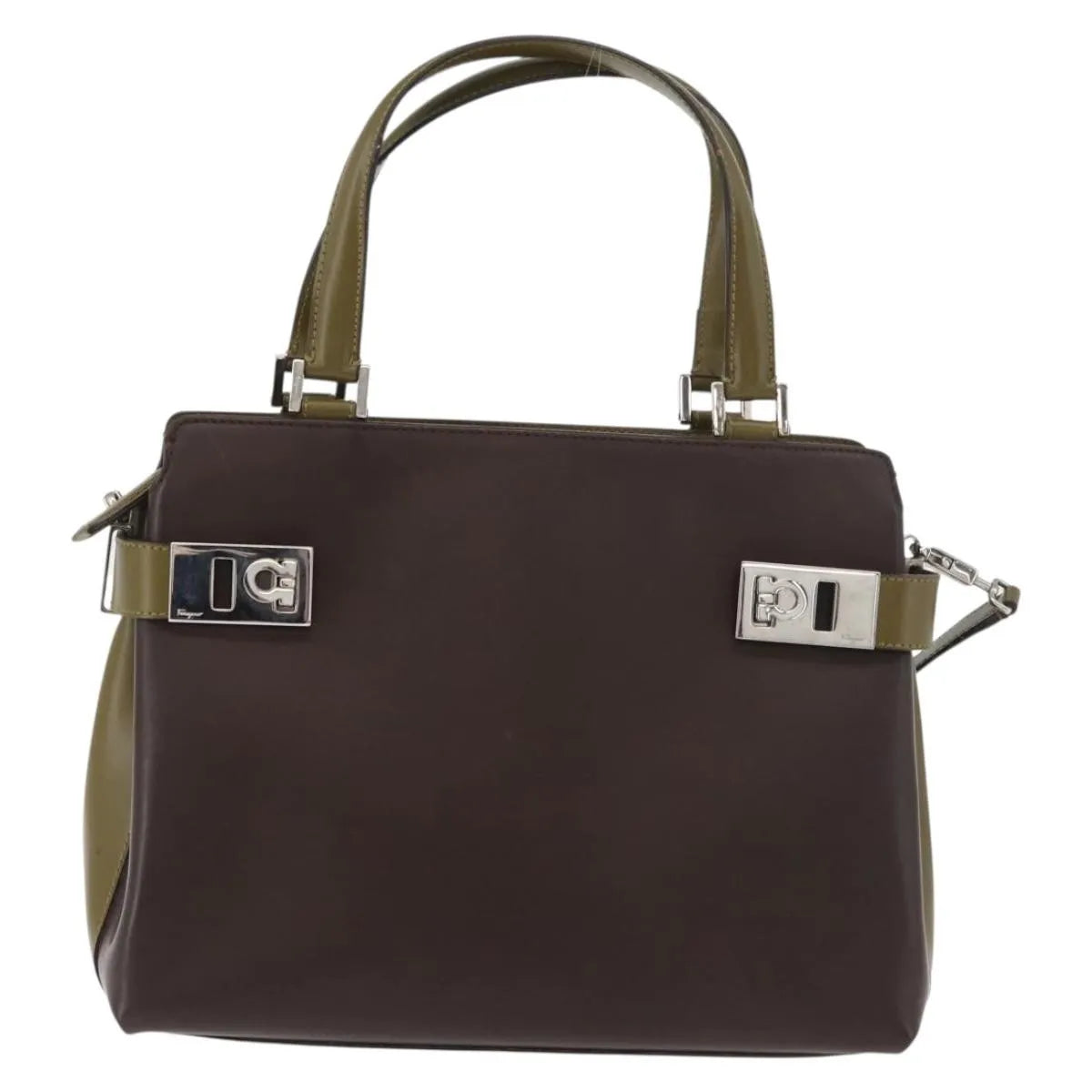 Salvatore Ferragamo Double Gancini Side Buckle Tote Patent Leather, Brown, Patent Leather, Handbag