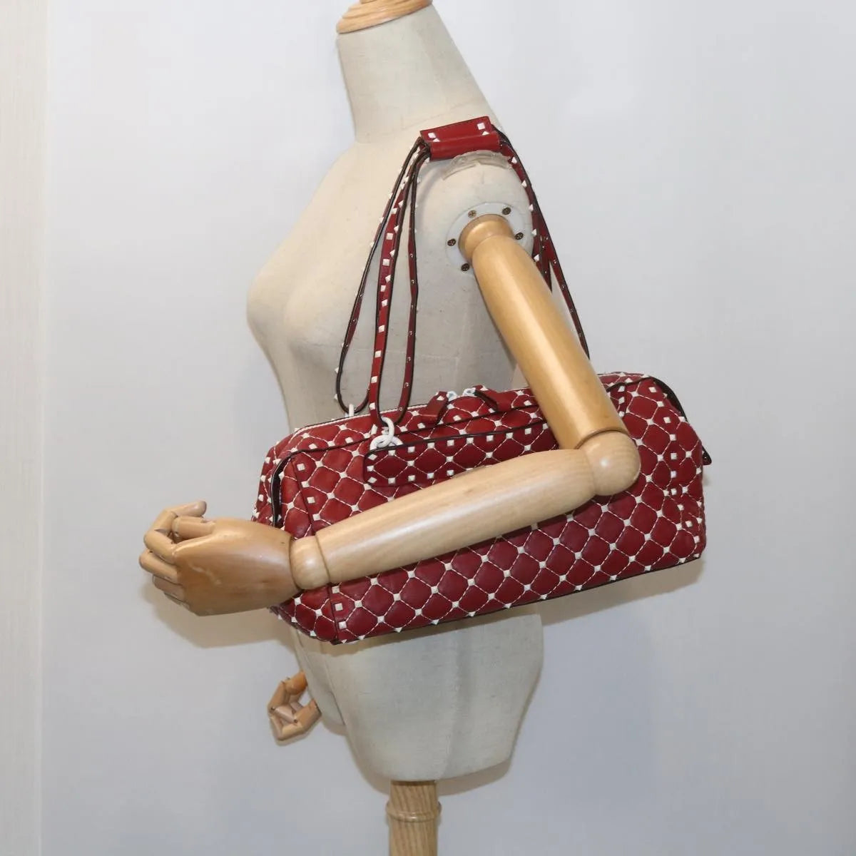 Valentino Garavani Free Rockstud Spike Duffle Quilted Leather, Red, Leather, Shoulder Bag