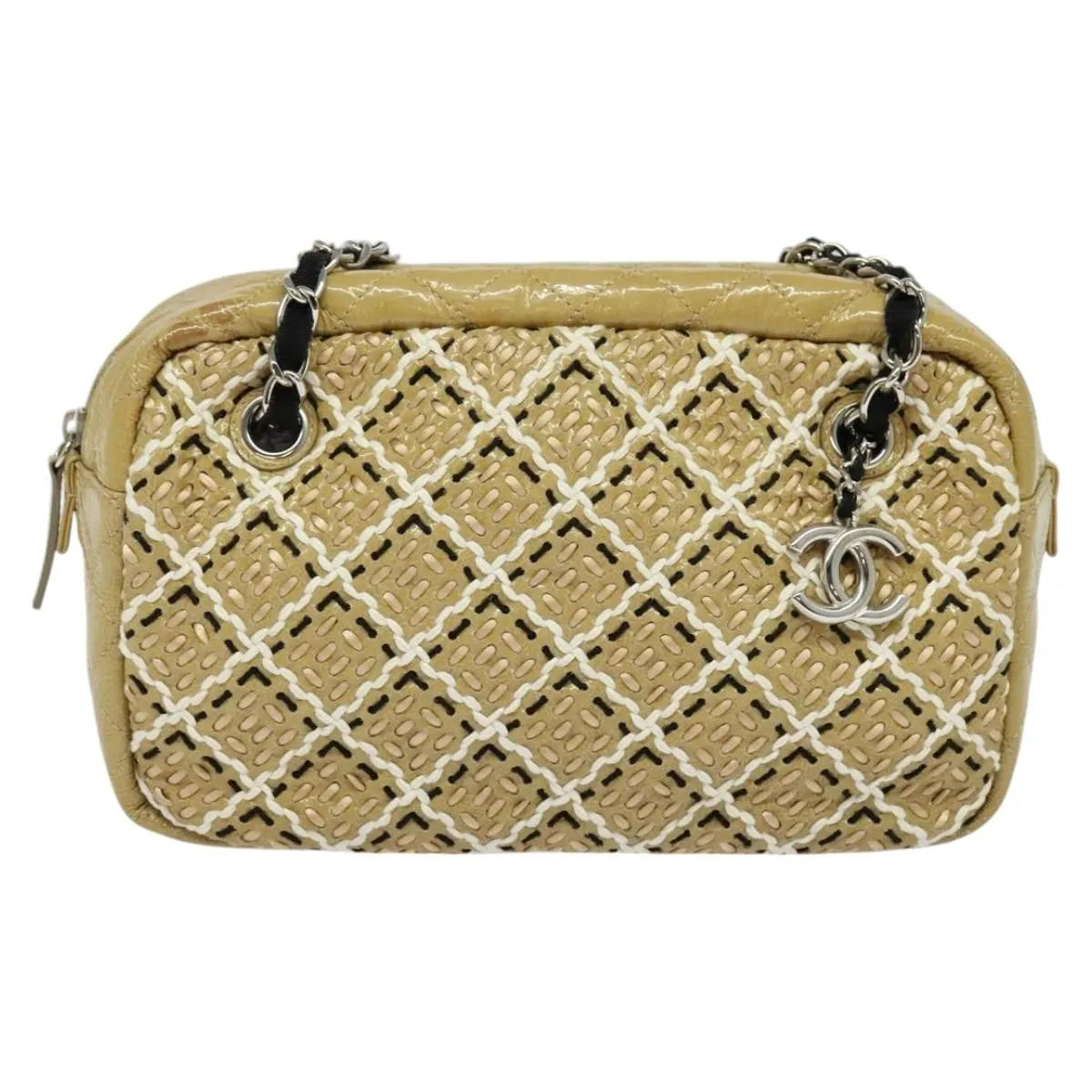 Chanel Camera Case Woven Stitch Patent, Beige, Glass, Shoulder Bag