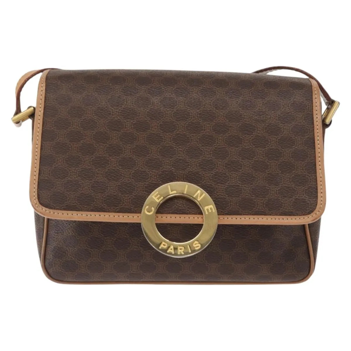 Celine Vintage Macadam Circle Logo Canvas and Leather, Brown, Canvas, Shoulder Bag
