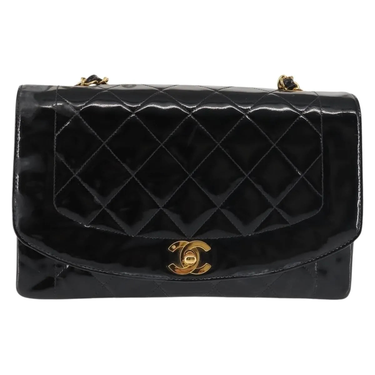 Chanel Vintage Diana Flap Quilted Patent, Black, Patent Leather, Shoulder Bag